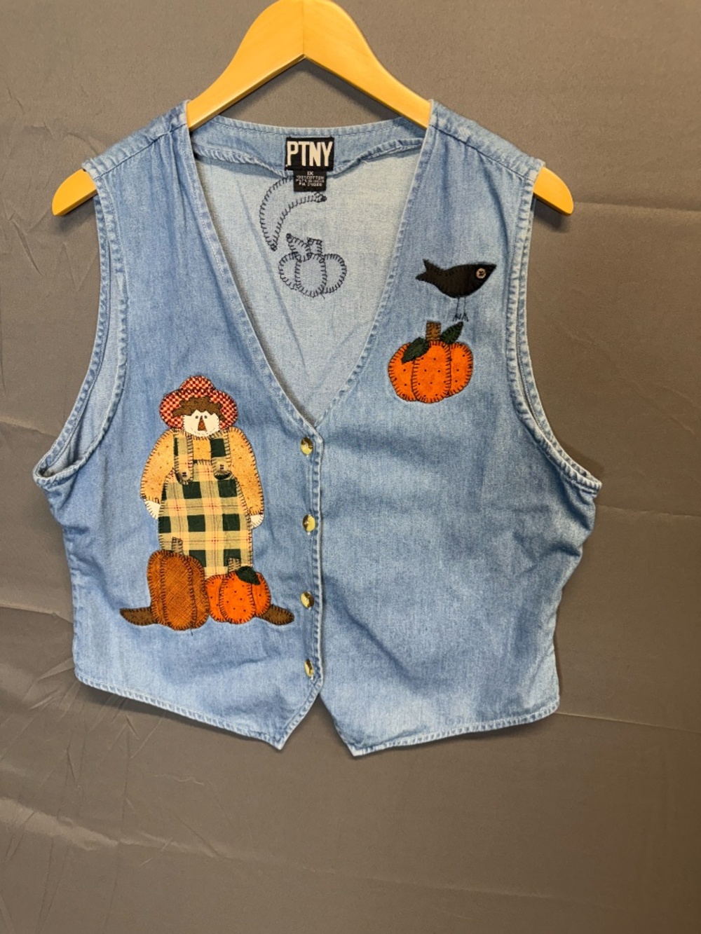 PTNY Vintage 90s Embroidered Pumpkin Scarecrow Denim Vest Size 1X